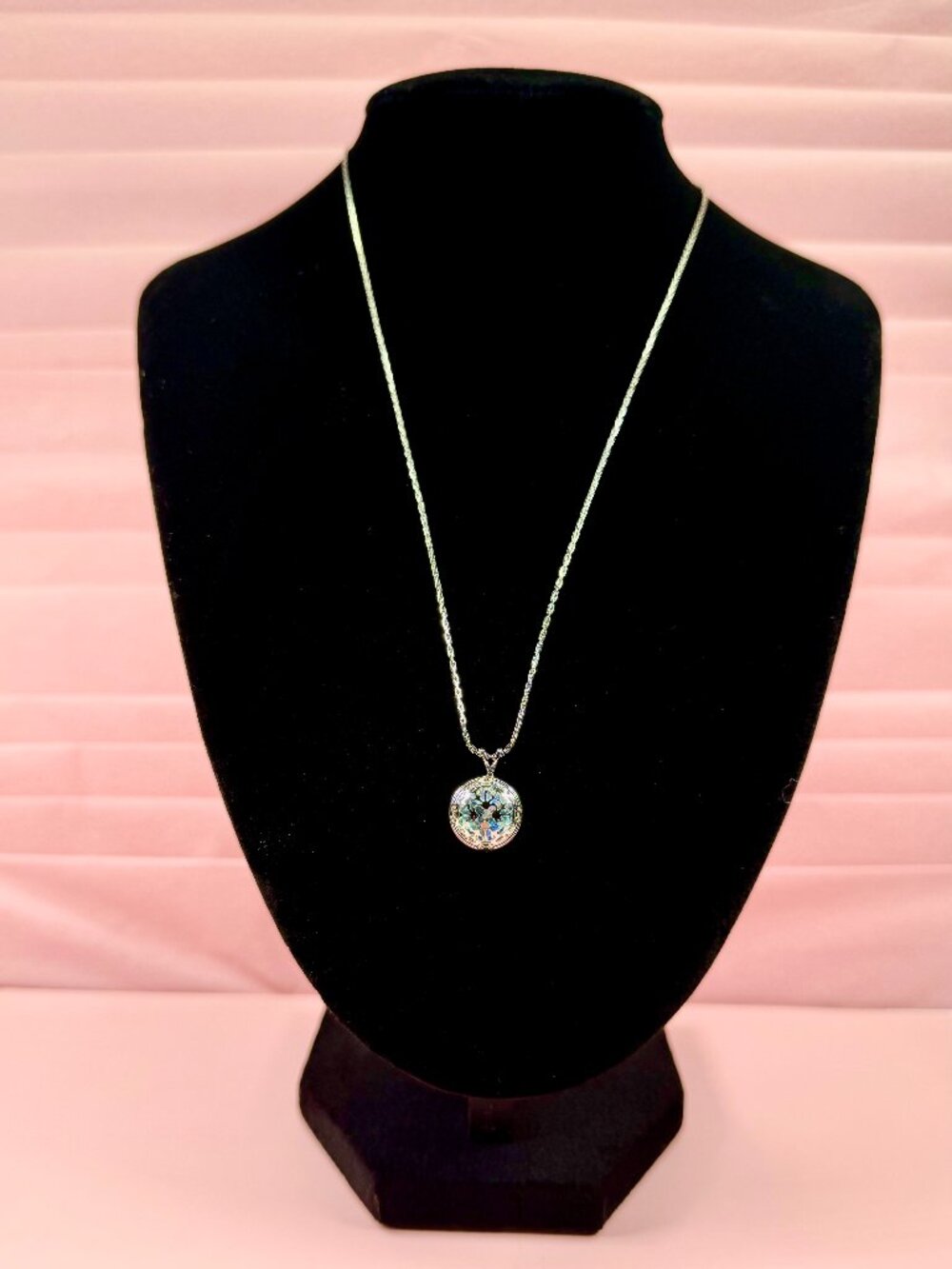 1980s Vintage Avon Silver Tone 16" Necklace with Light Blue Circle Pendant